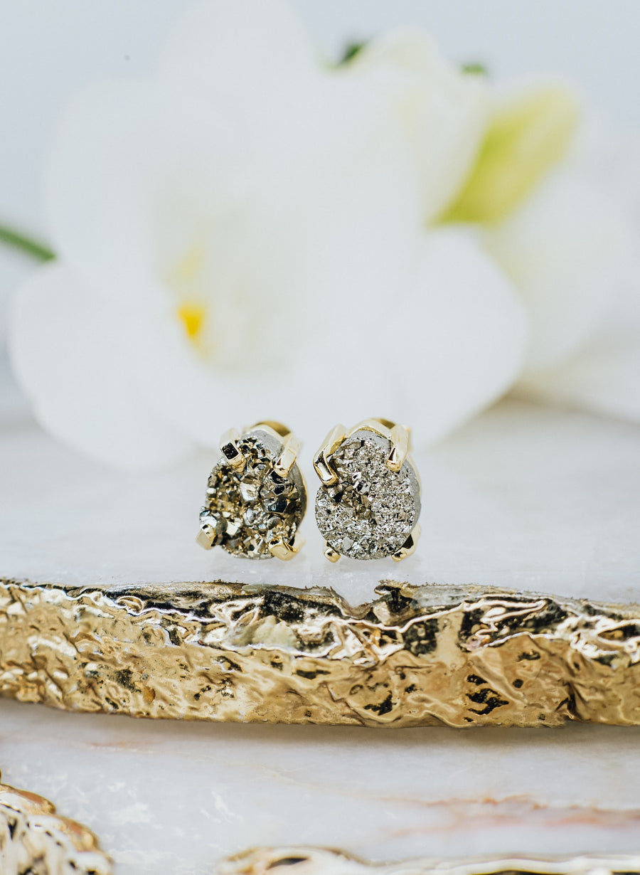 Pyrite teardrop silver stud earrings