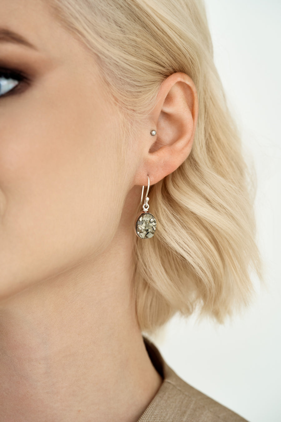 Pyrite oval hook silver earrings