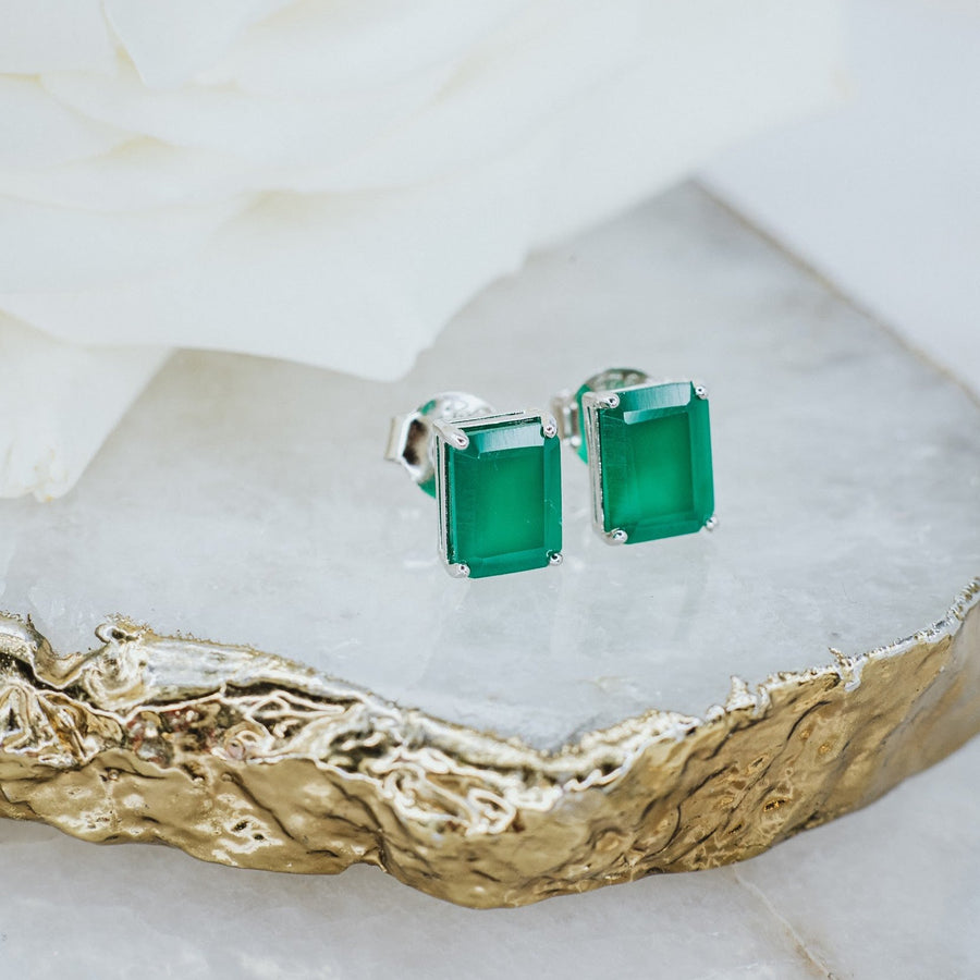 Green onyx rectangular stud earrings