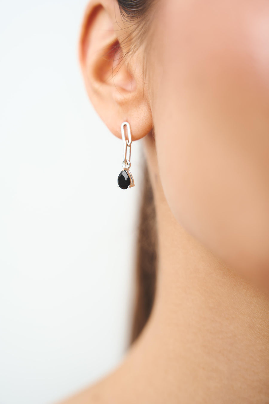 Link drop silver black onyx earrings