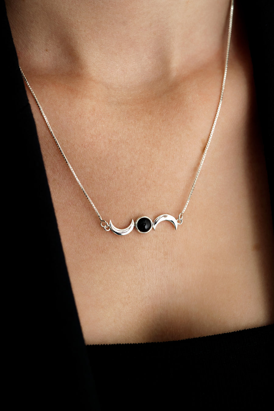 Black onyx double moon necklace