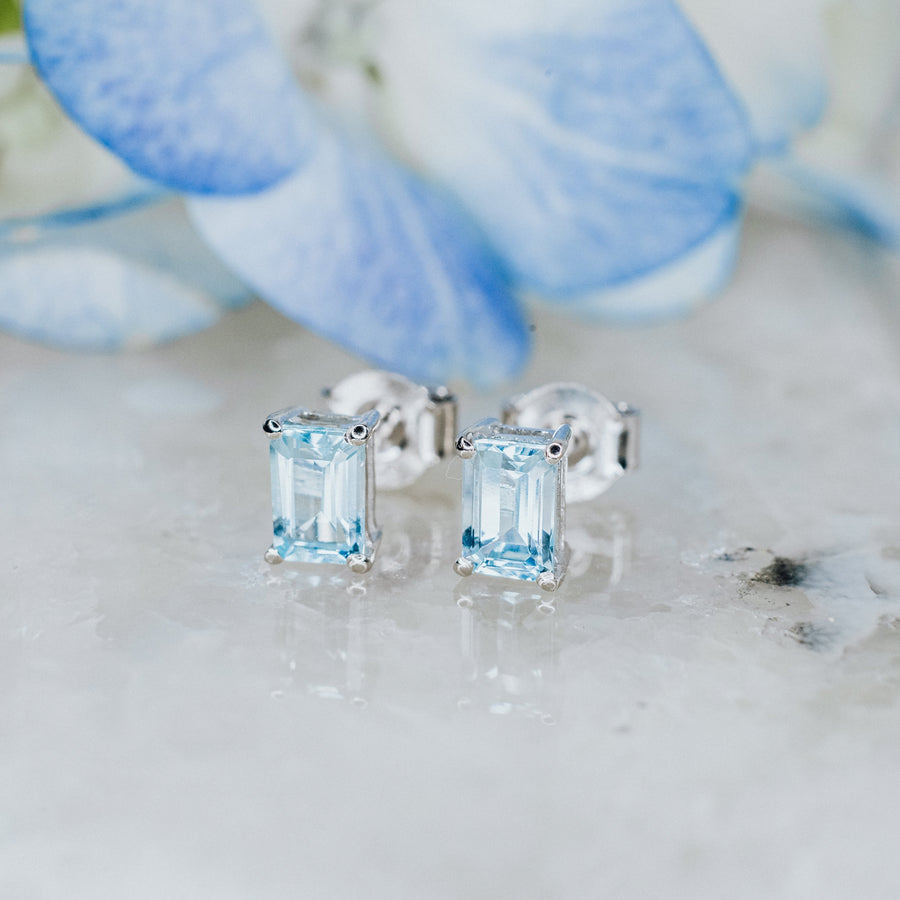 Blue topaz rectangular stud earrings