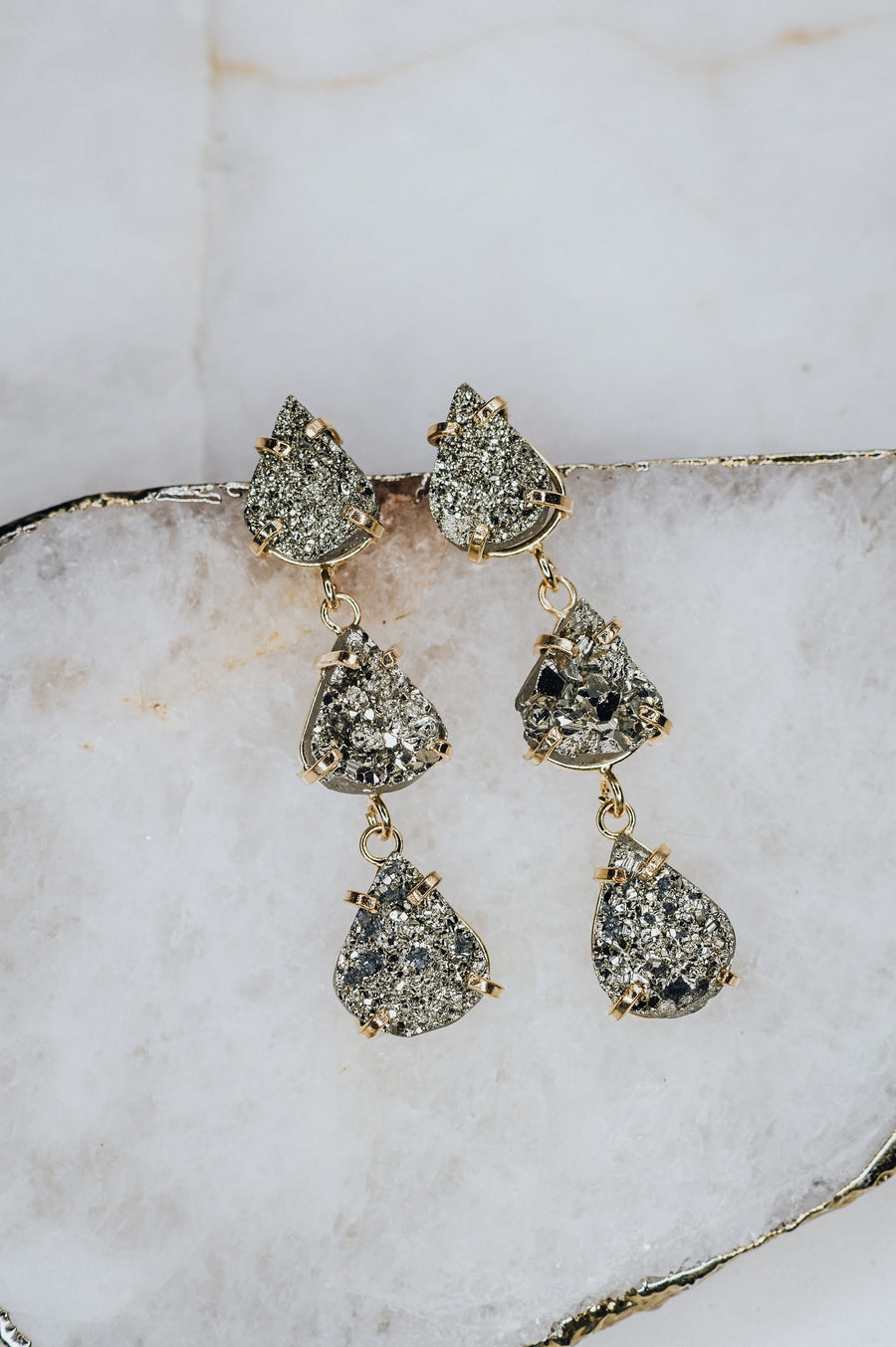 Teardrop triple pyrite earrings