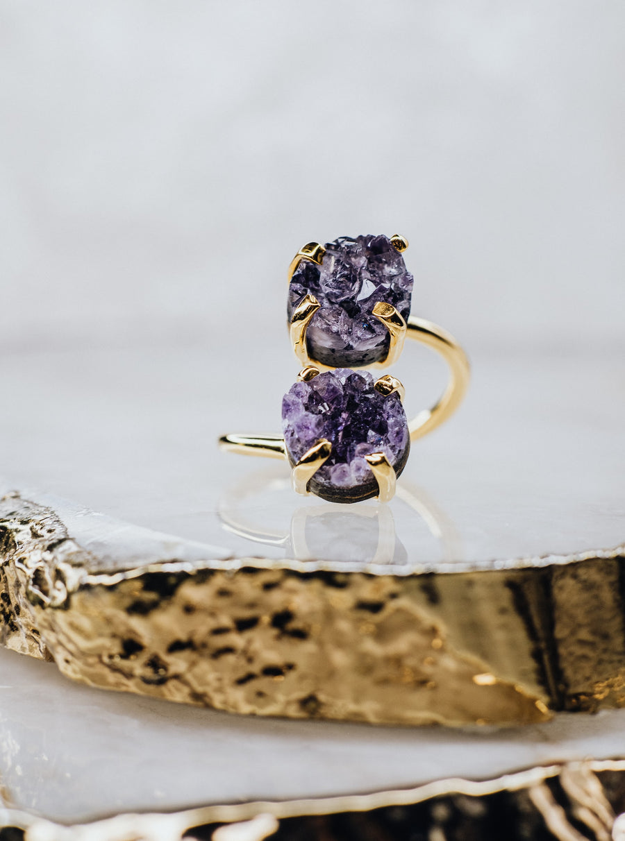 Amethyst double ring 18K gold plated