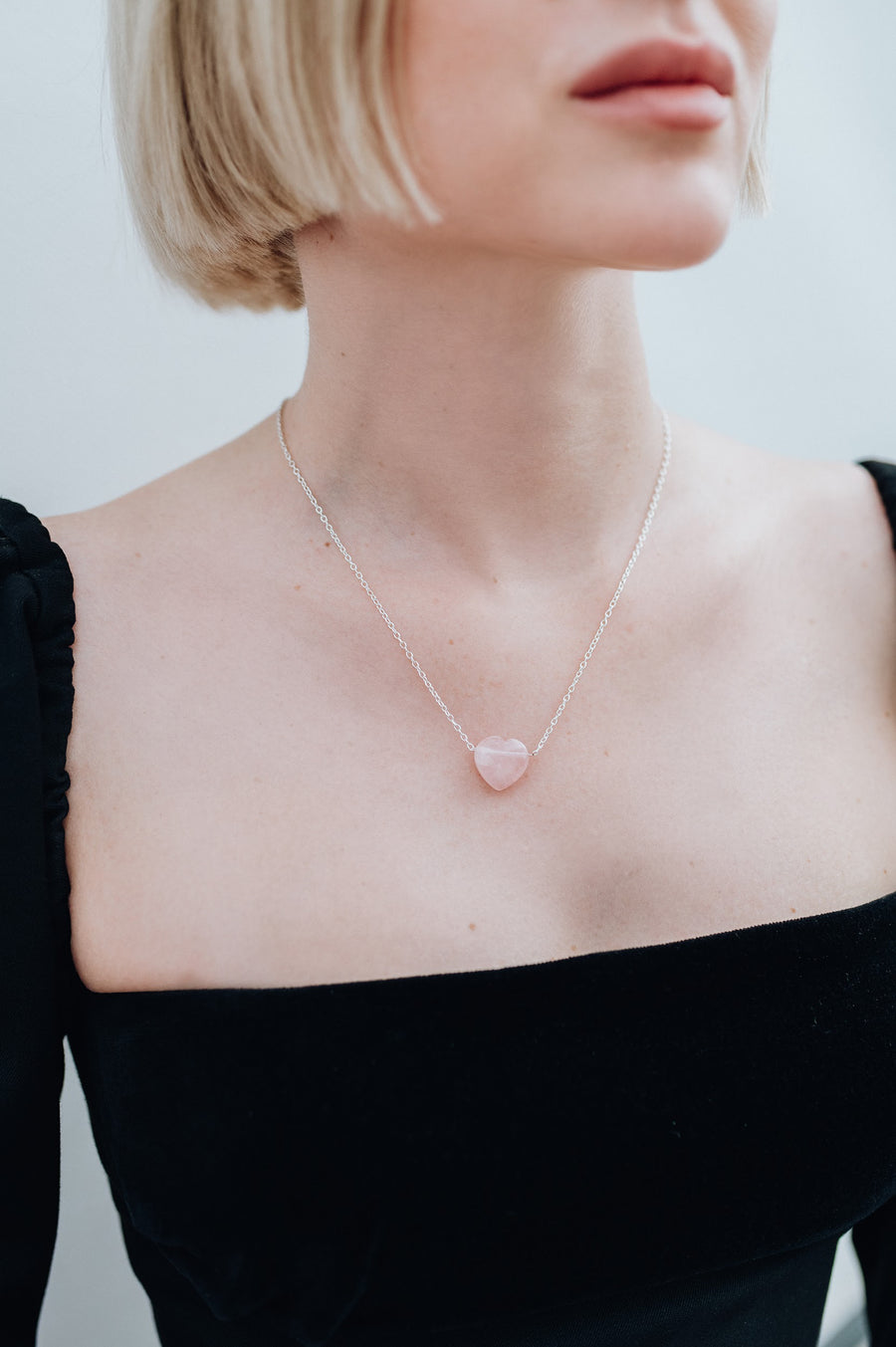Rose quartz heart necklace cable chain