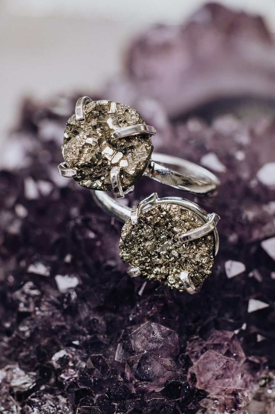 Pyrite double fashion silver plated ring
