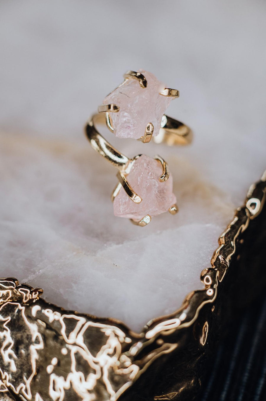 Rose quartz double ring gold plated