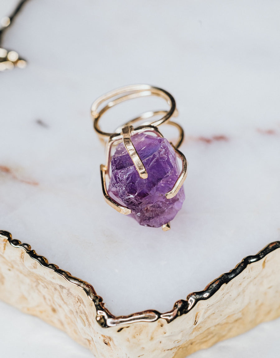 Amethyst raw ring gold plated