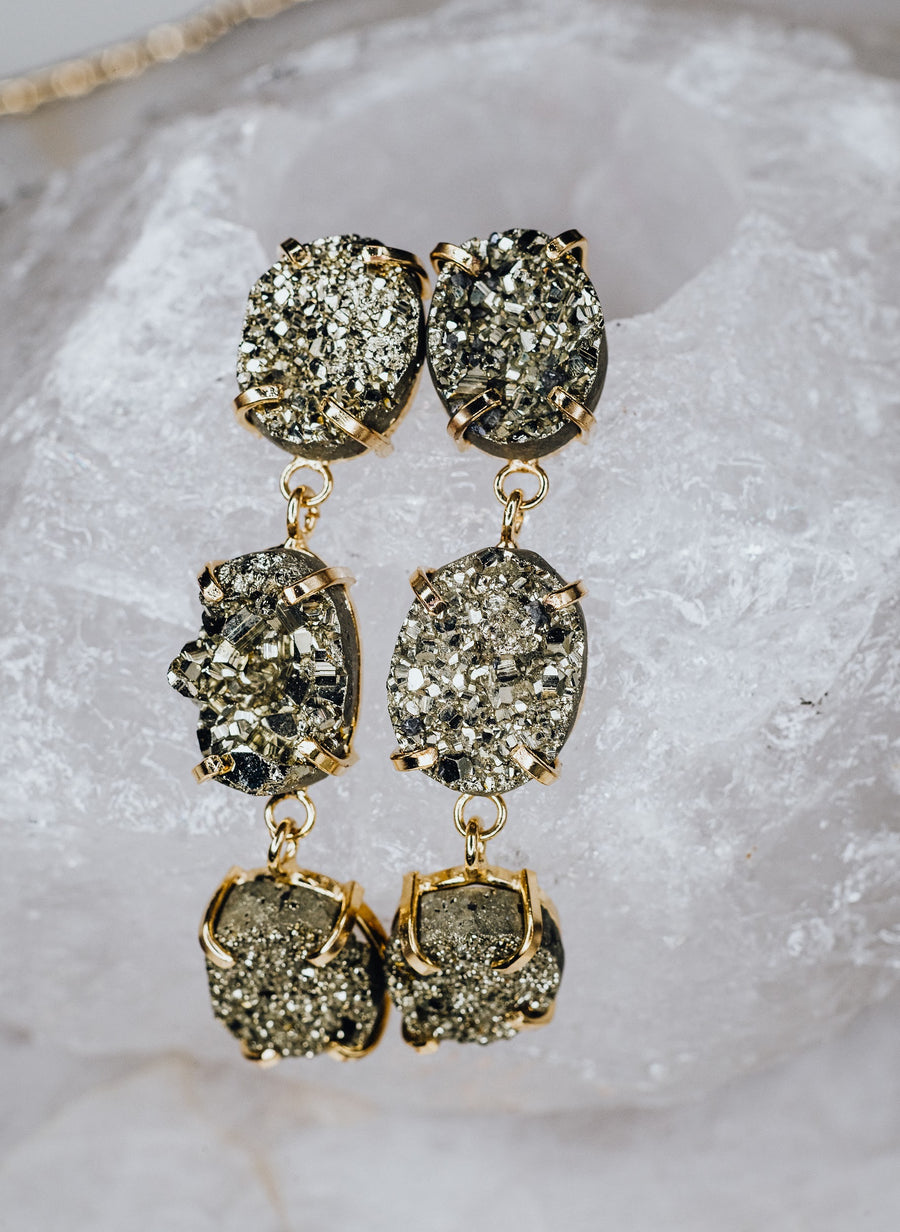 Pyrite triple earrings gold plated