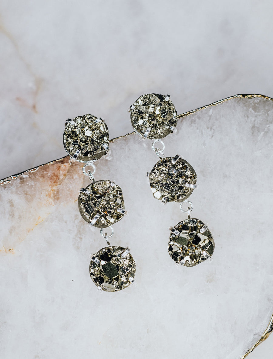 Pyrite triple earrings silver plated