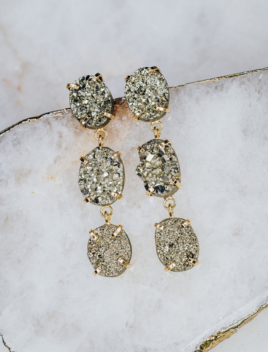 Pyrite triple earrings gold plated