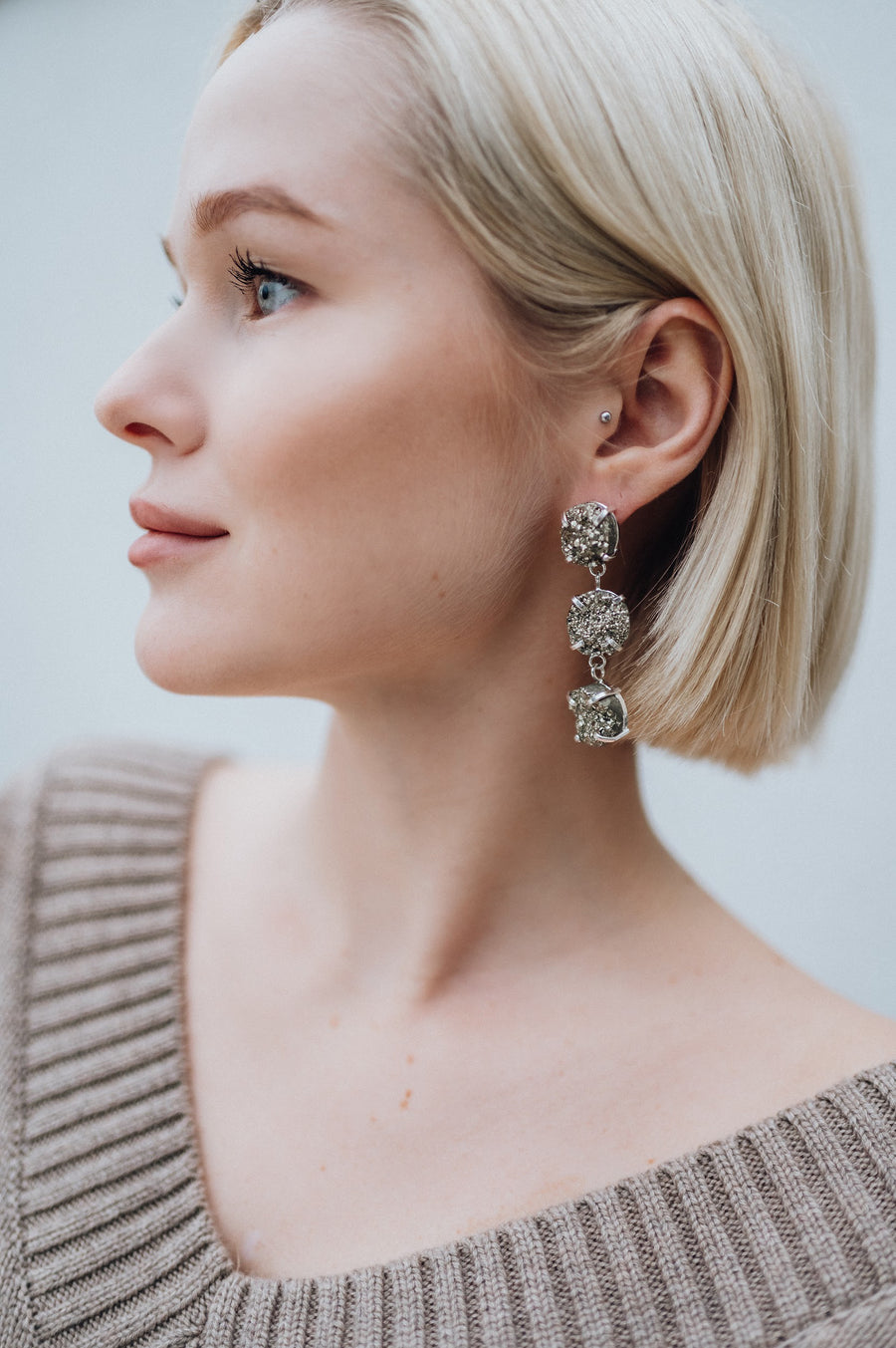 Pyrite triple earrings silver plated