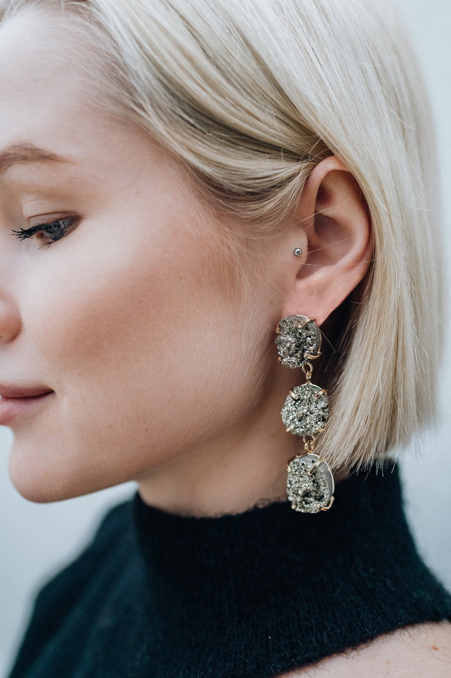 Pyrite triple earrings fashion gold plated