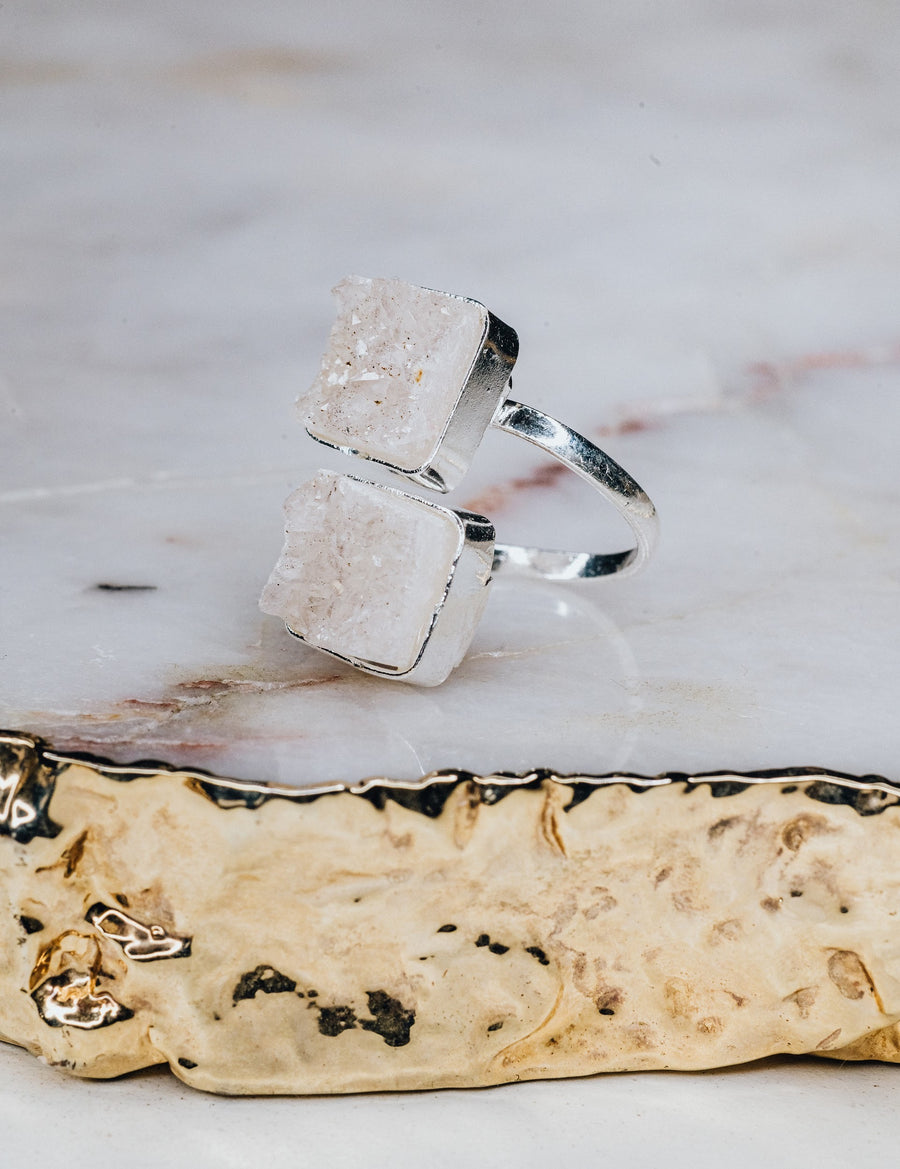 Square quartz double ring silver plated