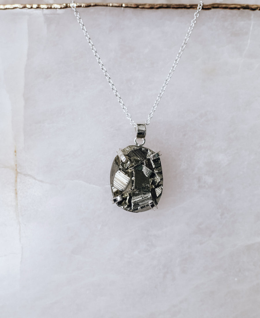Pyrite oval necklace silver plated